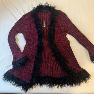 Current Mood x Dolls Kill - FURRY FOE LONG CARDIGAN-BURGUNDY